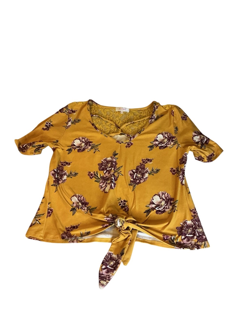 Stella Tweed Mustard Floral Lace Back Crisscross Neck Top